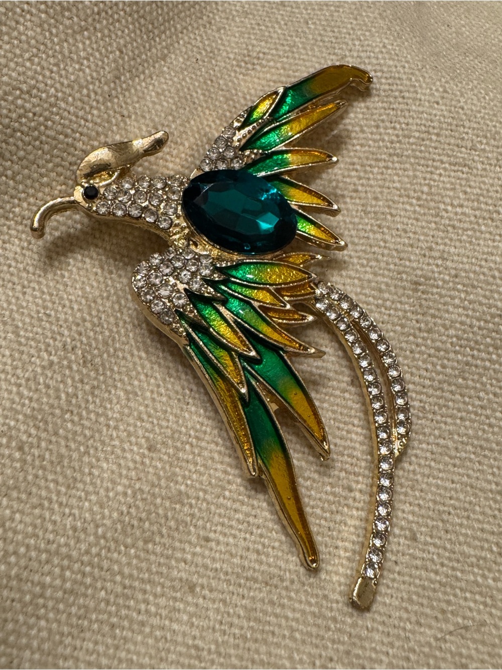Source Unknown Gold-Tone Green and Yellow Enamel Crystal Bird Brooch
